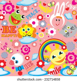 Vector seamless pattern with decorative flowers,funny animals, polka dots in pink background