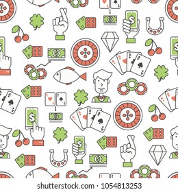 Vector seamless pattern with decorative gambling symbols, icons. Poker card game background, wrapping paper texture thin line art flat style design.