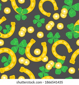 Vector seamless pattern of decorative golden horseshoes, coins and clovers. Luck symbols background for prints and designs.