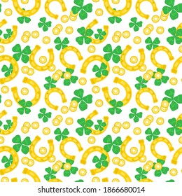 Vector seamless pattern of decorative golden horseshoes, coins and clovers. Luck symbols background for prints and designs.