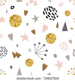 Vector seamless pattern with decorative golden, pink, grey hand drawn elements: triangle, dots, heart. Vector illustration for wallpaper, wrap or package design. Blush pink, gold and black colors.