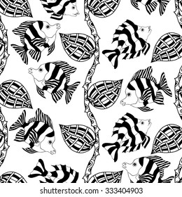 Vector seamless pattern with decorative hand drawn fish illustrations