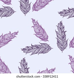 Vector seamless pattern from decorative hand drawn ethnic feathers. Boho style illustration for wrapping, textile, covers, wallpapers.