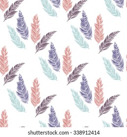 Vector seamless pattern from decorative hand drawn ethnic feathers. Boho style illustration for wrapping, textile, covers, wallpapers.