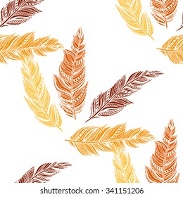 Vector seamless pattern from decorative hand drawn ethnic feathers. Boho style illustration for wrapping, textile, covers, wallpapers.