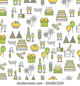 Vector seamless pattern with decorative happy birthday and wedding symbols, icons. Celebration background, wrapping paper texture thin line art flat style design.