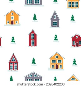 Vector seamless pattern with decorative houses on a white background with Christmas trees