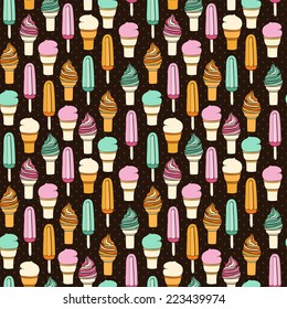 Vector seamless pattern with decorative ice cream illustration. Sweet dessert background.