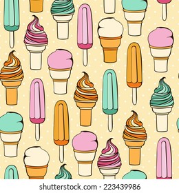 Vector seamless pattern with decorative ice cream illustration. Sweet dessert background.