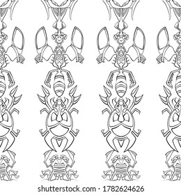 Vector seamless pattern with decorative image of beetles. Stylized line drawing of fictional insects. Print for textiles. EPS