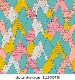 Vector seamless pattern with decorative mountains in scandinavian style with ethnic hand drawn ornaments.
