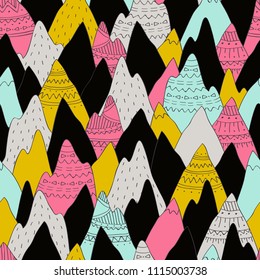 Vector seamless pattern with decorative mountains in scandinavian style with ethnic hand drawn ornaments.