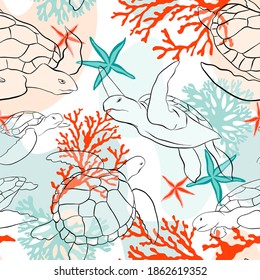 Vector seamless pattern with decorative ocean turtles. Colorful seamless pattern with animals, plants. Decorative cute wallpaper, good for printing. Overlapping background vector. Design illustration.