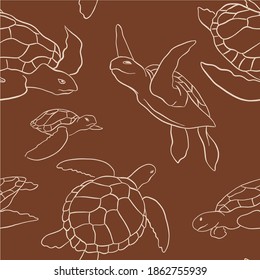 Vector seamless pattern with decorative ocean turtles. Colorful seamless pattern with animals, plants. Decorative cute wallpaper, good for printing. Overlapping background vector. Design illustration.