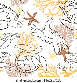 Vector seamless pattern with decorative ocean turtles. Colorful seamless pattern with animals, plants. Decorative cute wallpaper, good for printing. Overlapping background vector. Design illustration.