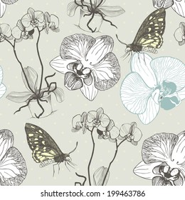 Vector seamless pattern decorative orchid flowers and hand drawn butterflies. Vintage  illustration on spotted background.