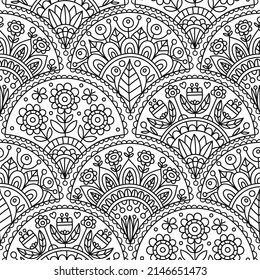 Vector seamless pattern with decorative ornament. Hand drawn doole coloring page for coloring book. Floral background in black and white colors. Anti stress coloring illustration for relaxation.