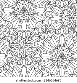 Vector seamless pattern with decorative ornament. Hand drawn doole coloring page for coloring book. Floral background in black and white colors. Anti stress coloring illustration with flower mandalas.