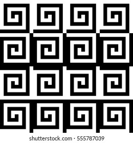 Vector seamless pattern. Decorative ornament, ancient design with striped black white spiral lines. Background, texture with op art effect. Classic decoration for tile, card, textile, parquet, border