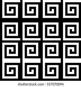 Vector seamless pattern. Decorative ornament, ancient design with striped black white spiral lines. Background, texture with op art effect. Classic decoration for tile, card, textile, parquet, border