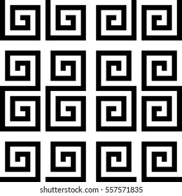 Vector seamless pattern. Decorative ornament, ancient design with striped black white spiral lines. Background, texture with op art effect. Classic decoration for tile, card, textile, parquet, border