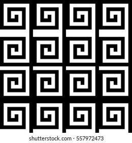 Vector seamless pattern. Decorative ornament, ancient design with striped black white spiral lines. Background, texture with op art effect. Classic decoration for tile, card, textile, parquet, border