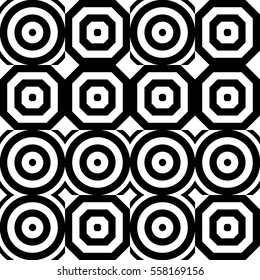 Vector seamless pattern. Decorative ornament, figurative design template with striped black white polygons. Background, texture with optical illusion effect. Decor for card tile textile parquet wall