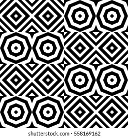 Vector seamless pattern. Decorative ornament, figurative design template with striped black white polygons. Background, texture with optical illusion effect. Decor for card tile textile parquet wall