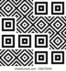 Vector seamless pattern. Decorative ornament, figurative design template with striped black white polygons. Background, texture with optical illusion effect. Decor for card tile textile parquet wall