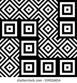 Vector seamless pattern. Decorative ornament, figurative design template with striped black white polygons. Background, texture with optical illusion effect. Decor for card tile textile parquet wall