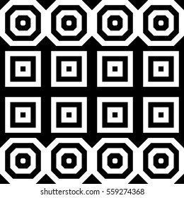 Vector seamless pattern. Decorative ornament, figurative design template with striped black white polygons. Background, texture with optical illusion effect. Decor for card tile textile parquet wall