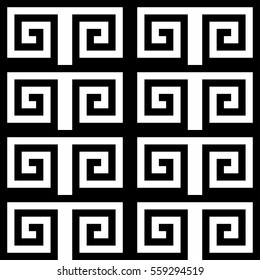 Vector seamless pattern. Decorative ornament, ancient design with striped black white spiral lines. Background, texture with op art effect. Classic decoration for tile, card, textile, parquet, border