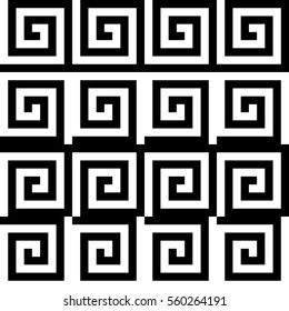 Vector seamless pattern. Decorative ornament, ancient design with striped black white spiral lines. Background, texture with op art effect. Classic decoration for tile, card, textile, parquet, border