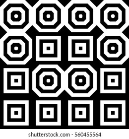 Vector seamless pattern. Decorative ornament, figurative design template with striped black white polygons. Background, texture with optical illusion effect. Decor for card tile textile parquet wall