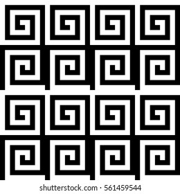 Vector seamless pattern. Decorative ornament, ancient design with striped black white spiral line. Background, texture with optical art effect. Classic decoration for tile, cover, fabric, print, badge