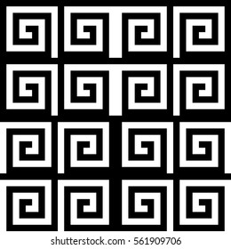 Vector seamless pattern. Decorative ornament, ancient design with striped black white spiral lines. Background, texture with op art effect. Classic decoration for tile, card, textile, parquet, border