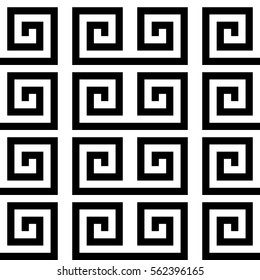 Vector seamless pattern. Decorative ornament, ancient design with striped black white spiral lines. Background, texture with op art effect. Classic decoration for tile, card, textile, parquet, border