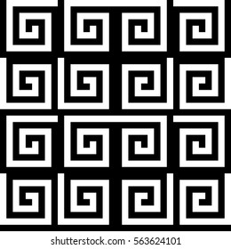 Vector seamless pattern. Decorative ornament, ancient design with striped black white spiral line. Background, texture with optical art effect. Classic decoration for tile, cover, fabric, print, badge