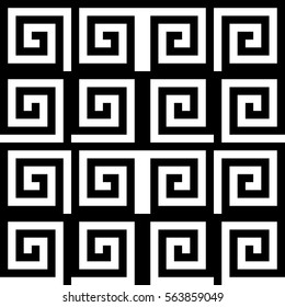Vector seamless pattern. Decorative ornament, ancient design with striped black white spiral line. Background, texture with optical art effect. Classic decoration for tile, cover, fabric, print, badge