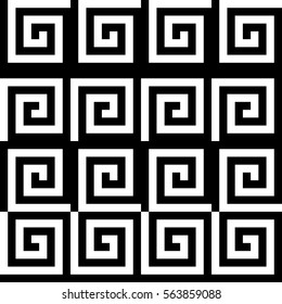 Vector seamless pattern. Decorative ornament, ancient design with striped black white spiral lines. Background, texture with op art effect. Classic decoration for tile, card, textile, parquet, border