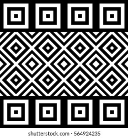 Vector seamless pattern. Decorative ornament, figurative design template with striped black white polygons. Background, texture with optical illusion effect. Decor for card tile textile parquet wall