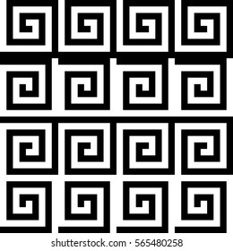 Vector seamless pattern. Decorative ornament, ancient design with striped black white spiral lines. Background, texture with op art effect. Classic decoration for tile, card, textile, parquet, border