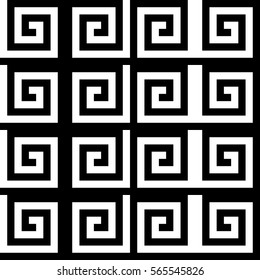 Vector seamless pattern. Decorative ornament, ancient design with striped black white spiral line. Background, texture with optical art effect. Classic decoration for tile, cover, fabric, print, badge