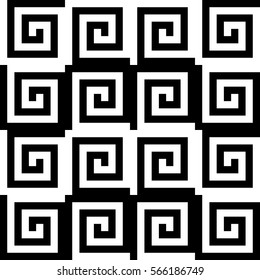 Vector seamless pattern. Decorative ornament, ancient design with striped black white spiral line. Background, texture with optical art effect. Classic decoration for tile, cover, fabric, print, badge