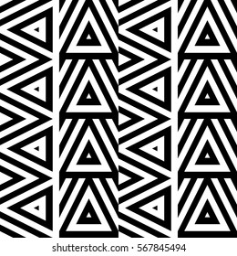 Vector seamless pattern. Decorative ornament, figurative design template with striped black white triangles. Background, texture with optical illusion effect. Decor for card tile textile parquet wall