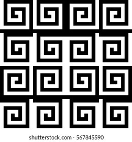 Vector seamless pattern. Decorative ornament, ancient design with striped black white spiral lines. Background, texture with op art effect. Classic decoration for tile, card, textile, parquet, border
