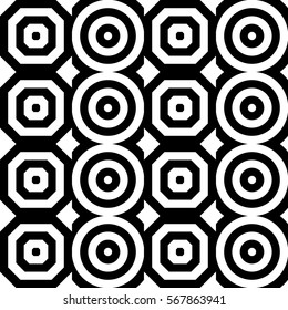 Vector seamless pattern. Decorative ornament, figurative design template with striped black white polygons. Background, texture with optical illusion effect. Decor for card tile textile parquet wall