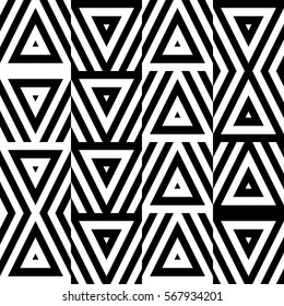 Vector seamless pattern. Decorative ornament, figurative design template with striped black white triangles. Background, texture with optical illusion effect. Decor for card tile textile parquet wall
