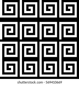 Vector seamless pattern. Decorative ornament, ancient design with striped black white spiral lines. Background, texture with op art effect. Classic decoration for tile, card, textile, parquet, border