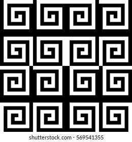 Vector seamless pattern. Decorative ornament, ancient design with striped black white spiral lines. Background, texture with op art effect. Classic decoration for tile, card, textile, parquet, border